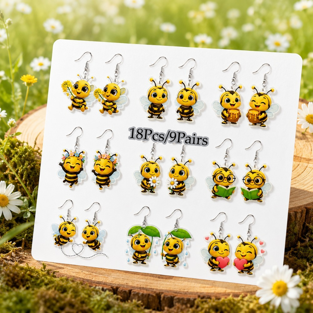 TEMU 18pcs/9 Pairs Multi-functional Acrylic Dangle Earrings, Cute Bee And Floral Patterns, Women's Fashion Jewelry, Ideal Gift For , , Christmas And