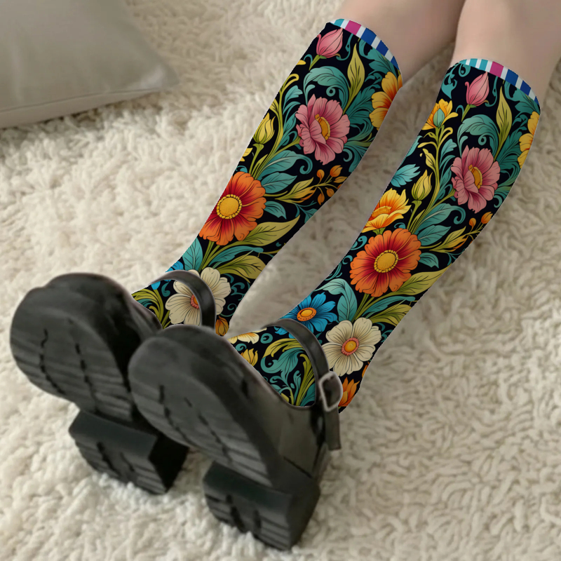 TEMU 1 Par de Calcetines de Pierna para Mujer, Estilo Retro Floral Colorido, Diseño Único Sexy, y Versátiles, Calcetines de Pierna Jk, Calcetines