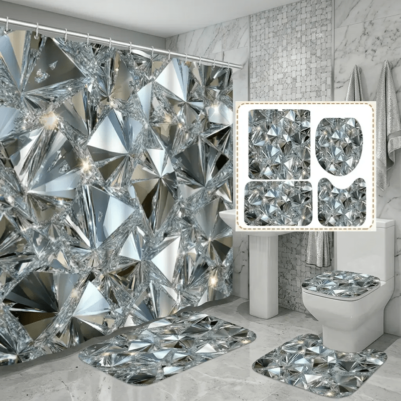 TEMU 4pcs Bright Crystal Pattern Shower Curtain Sets, Shiny And Bathroom Decor, Includes Shower Curtain, U-shaped, Toilet Lid Cover, Exquisite ,