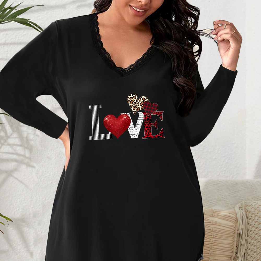 

Plus Size Women's Valentine's Day Love Heart Leopard Print V-neck Nightgown With Long Sleeves And Lace Detail - Stretchy Polyester , Machine Washable, Valentine's Day Outfit