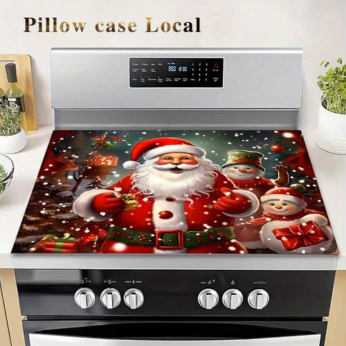 1pc of christmas themed stovetop protector a heat resistant placemat featuring santa claus and poinsettia flowers ideal for holiday table decoration and dining safety versatile for festive home and kitchen decor