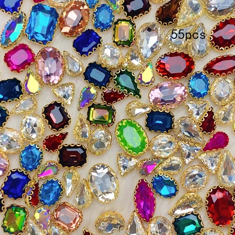 E-shop 55-teiliges Set bunte Acryl-Handgenähte Strasssteine für DIY-Schmuckherstellung, Schuh- Rockaccessoires, Bastelmaterialien, farbenfrohe