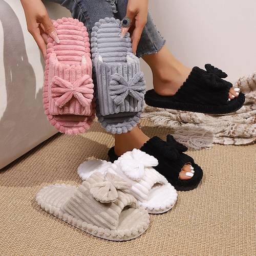 Womens Bow Corduroy Home Slippers Soft Ribbed Fabric & Non Slip Flat Sole Warm for Fall Winter Ideal for Bedroom And Indoor Use, Women Shoes