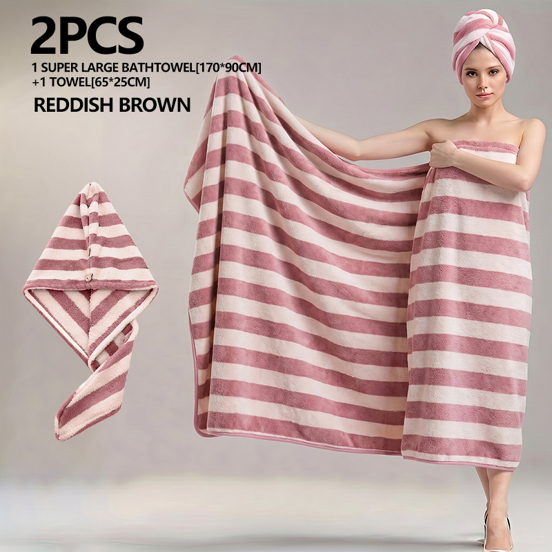 TEMU 5-color Striped Large Bath Towel Set, 2pcs Set Includes A Bath Towel Measuring 170*90cm [66.93*35.43inch] And 1 Hair Drying Measuring 65*25cm