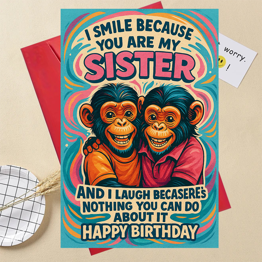 TEMU 1pc Sister Birthday Card - Funny "i Smile My Sister" Saying With Cute Monkey Sisters, Turquoise & Pink Birthday Party Invitation For Women,