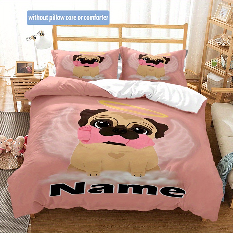 custom name cute angel pug bedding set polyester duvet cover