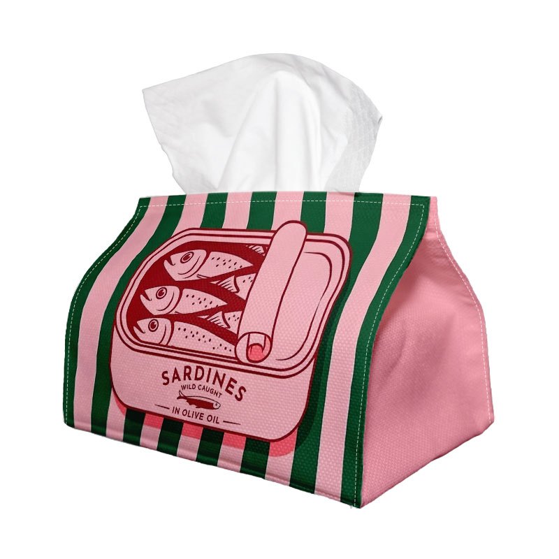 TEMU 1 stuk Retro Minimalistische Tissuehouder - Sardinevis & Roze Groene Print Duurzaam Polyester Stof voor Thuis, Kantoor, Auto, Feest -