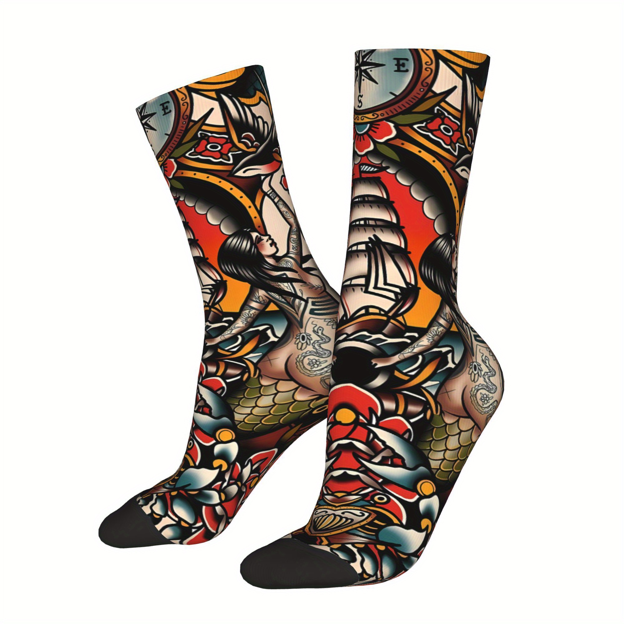 

1 Pair Men's Novelty Tattoo Print Socks, Polyester Knit Fabric With Elastane, , Hand Wash/ Only