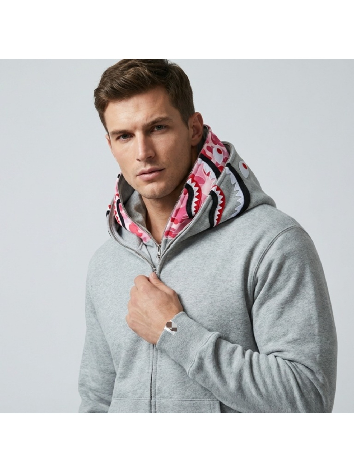 Men'S & Unisex Shark Graphic Zipper Double Hoodie Jacket | 3D Shark Head & Ape/Human Design, Loose Fit Batwing Sleeves, Light Gray Pink Camo Print, Machine Washable, Casual All-Season Outerwear, Fashion Old School Vibe Hoodie - Image 2