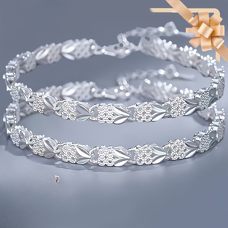 2pcs Elegant 925 Silvery Bohemian Style Bracelets - Retro Design, Exquisite Leaf Pattern, Adjustable Clasp, Suitable For Daily Wear And Gift