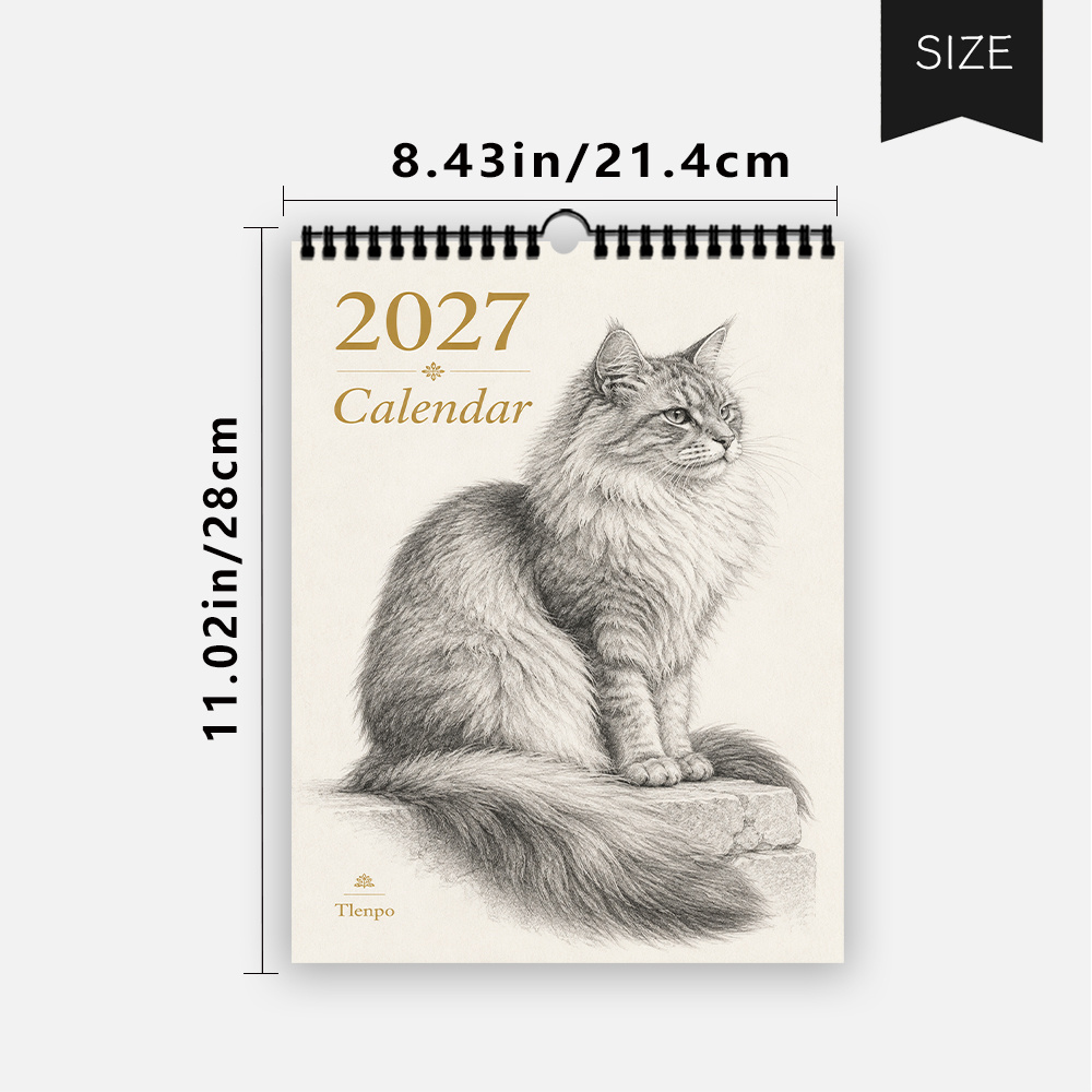 TEMU 1pc, 2027 Wall Calendar, Realistic Sketch Cat Wall Calendar, Wall Hanging Monthly Calendar For Cat Owners. Wall Decor Calendar, Planner For