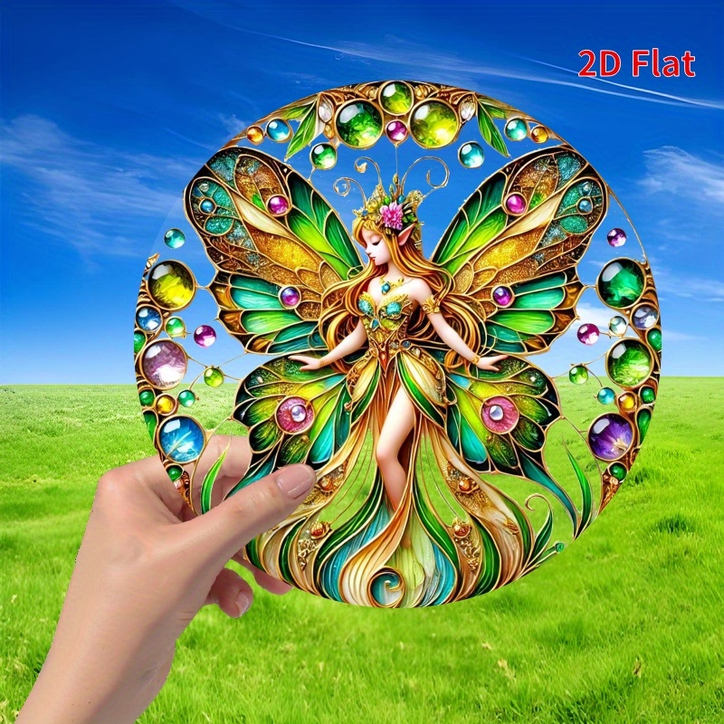 TEMU 2d Flat, 1pc Fairy Tale Suncatcher - Round Stained Acrylic Window Hanging Ornament With Vibrant Gemstone Embellishments, No Electricity Required