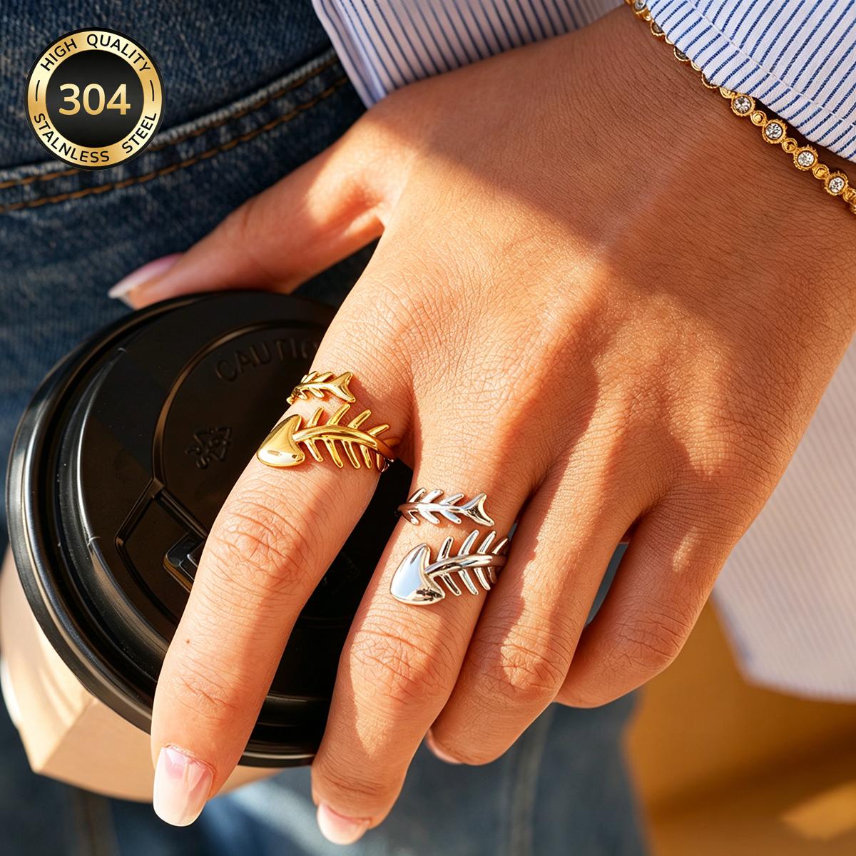 18K Gold Plated Fishbone Open Ring, Ocean Style