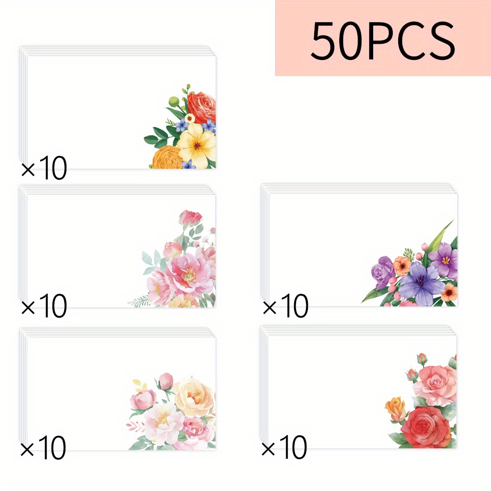 TEMU 50pcs, Floral Blank Message Card Collection, 5 Different Designs, Pocket Cards, Wallet Cards, Business Cards, White Greeting Cards, , Thank You,