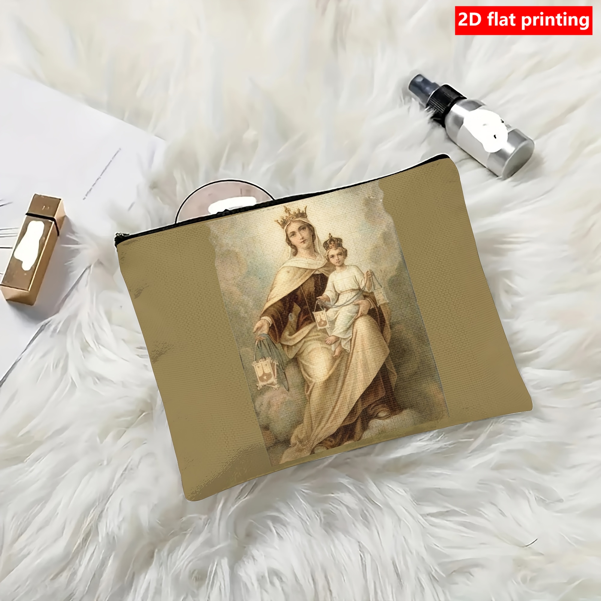 TEMU 1pc 2d Flat Printed Our Lady Of Mount Religious Icon Makeup Pouch - Beige Travel Cosmetic Bag With Elegant Rosary Design, Suitable For Handbags,