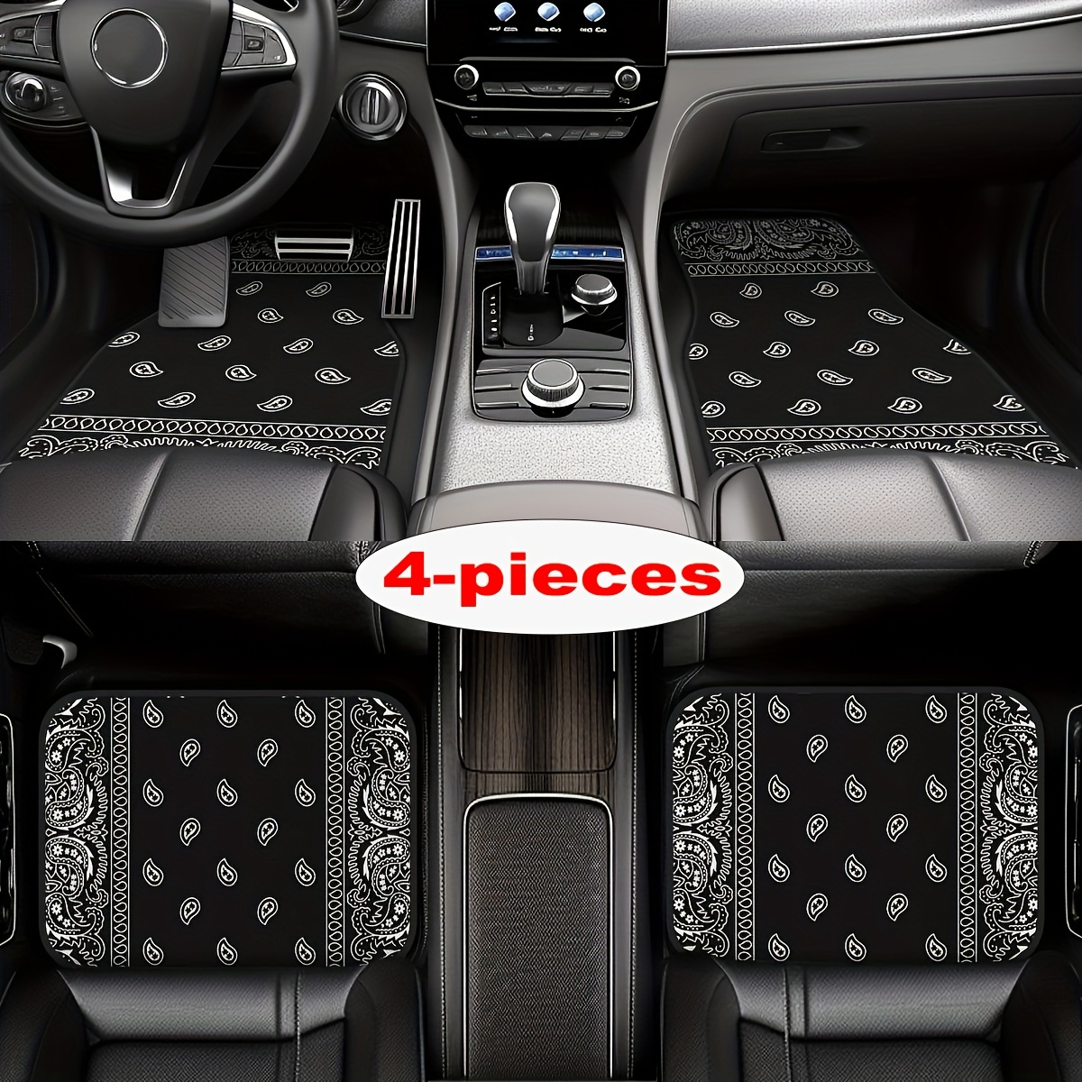 TEMU Suitable For All Car Models, 4pcs Set Black Retro Pattern Car Carpet, Vehicle Carpet With Non-slip Base, Easy-to-clean Car Interior Accessories