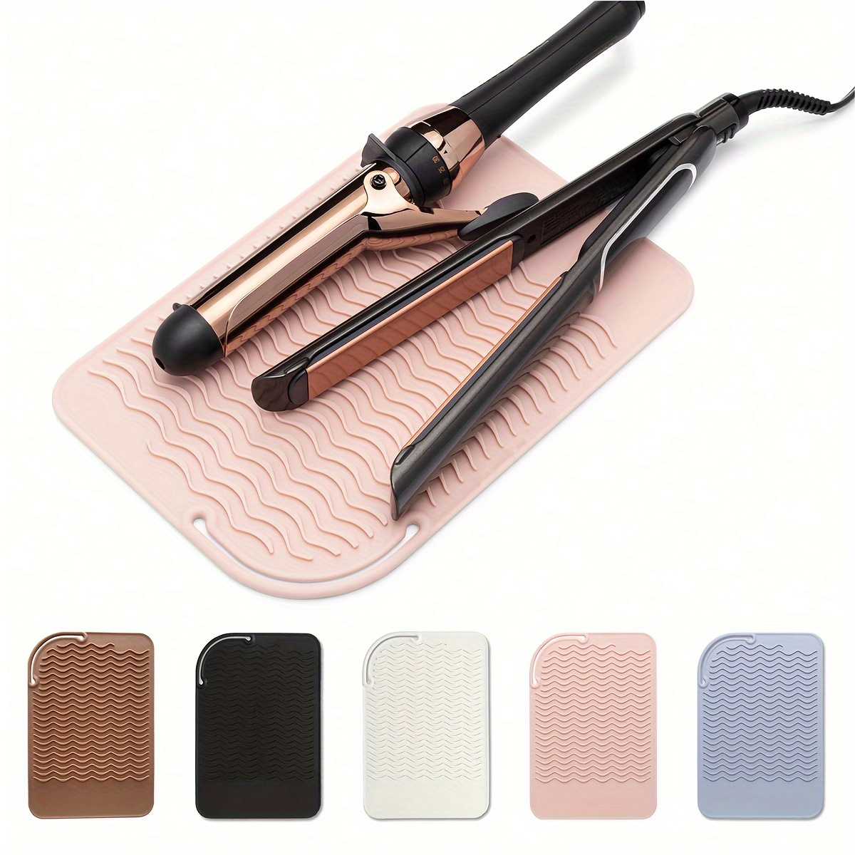 TEMU Heat Resistant Silicone Mat For Hair Straighteners & Curling Irons - Non-slip Wavy Design, (beige//light Blue), Durable Protective Countertop
