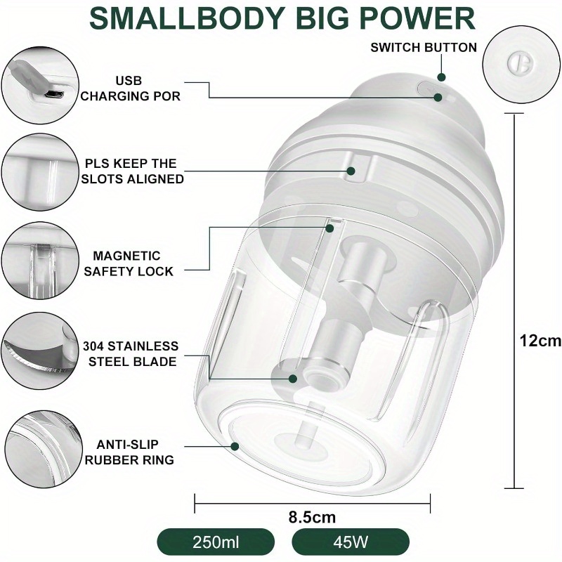 electric garlic chopper 8.45oz with egg beater - usb-powered cordless mini food processor, portable glass blender for garlic, onion, ginger, chili & veggies,   operation,   with ergonomic lid & usb charging, easy-clean durable construction, ideal for small kitchens & travel - white, garlic crusher, onion chopping, vegetable mincer, food processor electric, electric food chopper, food processor for kitchen, mini food processor, mini food chopper, chopper for food Product details 2
