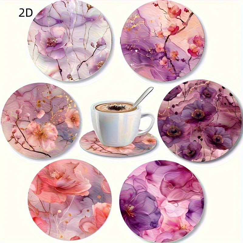 TEMU 6pcs Pink Wooden Coaster Set, Suitable For All , With 2d Printed Design - Pink Coasters, Ideal For Patio Tables, Kitchens, And Living Rooms, The