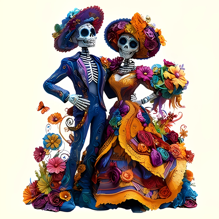 TEMU 6.0-inch For Halloween Couple Vinyl Sticker- Scary Design With Floral And Dandelion Decorations, Glossy Pvc Decal For Cars, Laptops, Phones,