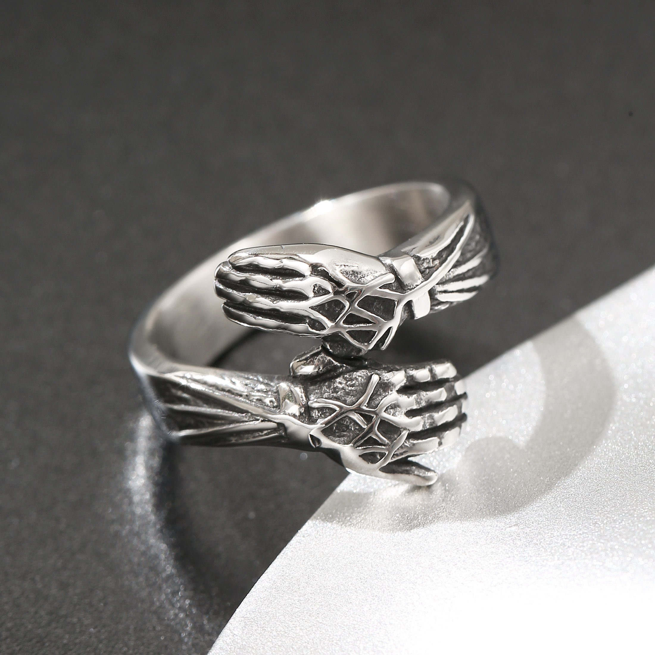 Image of Vintage Skeleton Hands Open 304l Stainless Steel Ring For Men, Trendy Fashion Style Band, Dark Gothic Streetwear Accessory