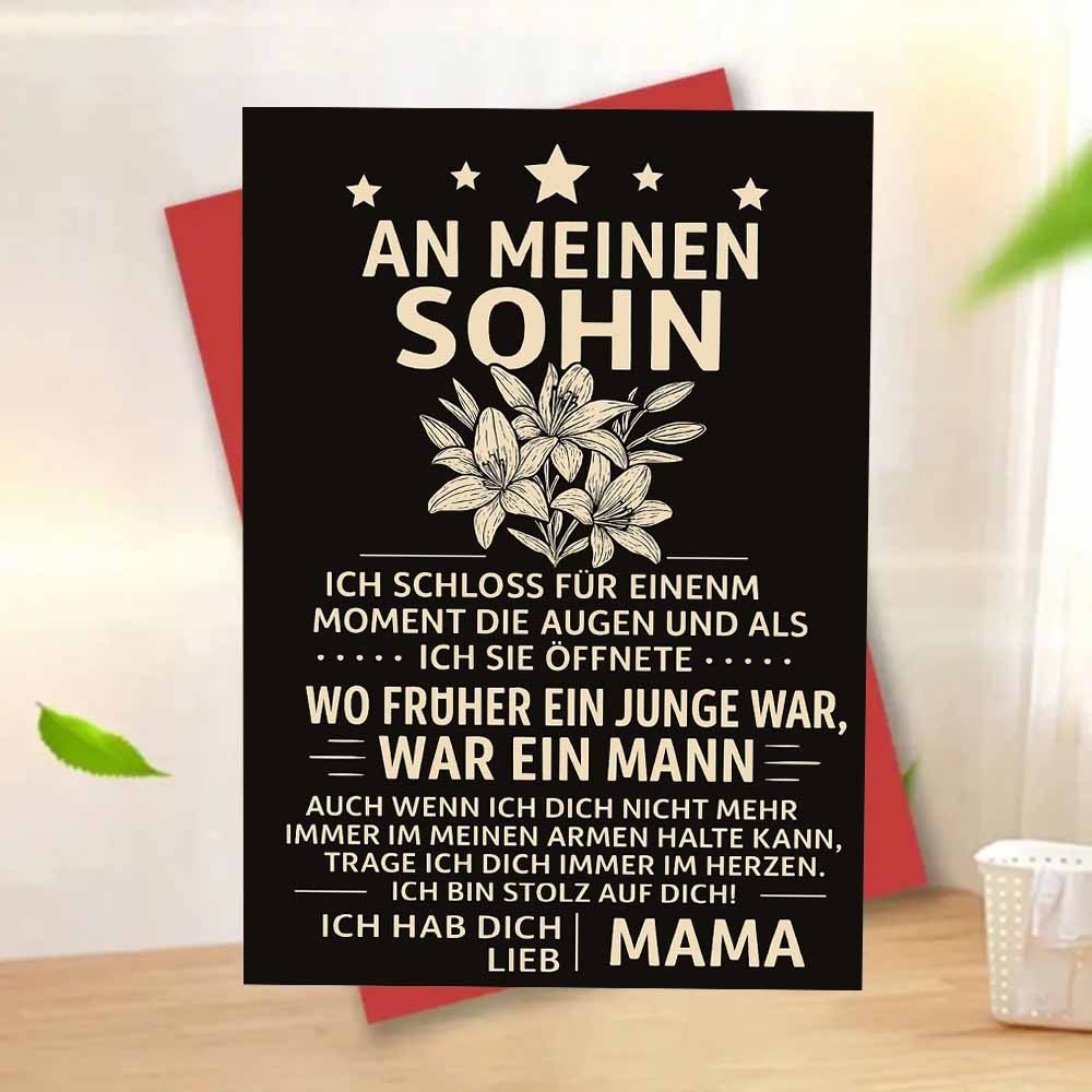 Image of A Single Floral Sentiment Card For My Son, Featuring A German Message From A Mother To Her Son. It Conveys Love, Pride, And , Making It Perfect For , Colleagues, And On Valentine's Day
