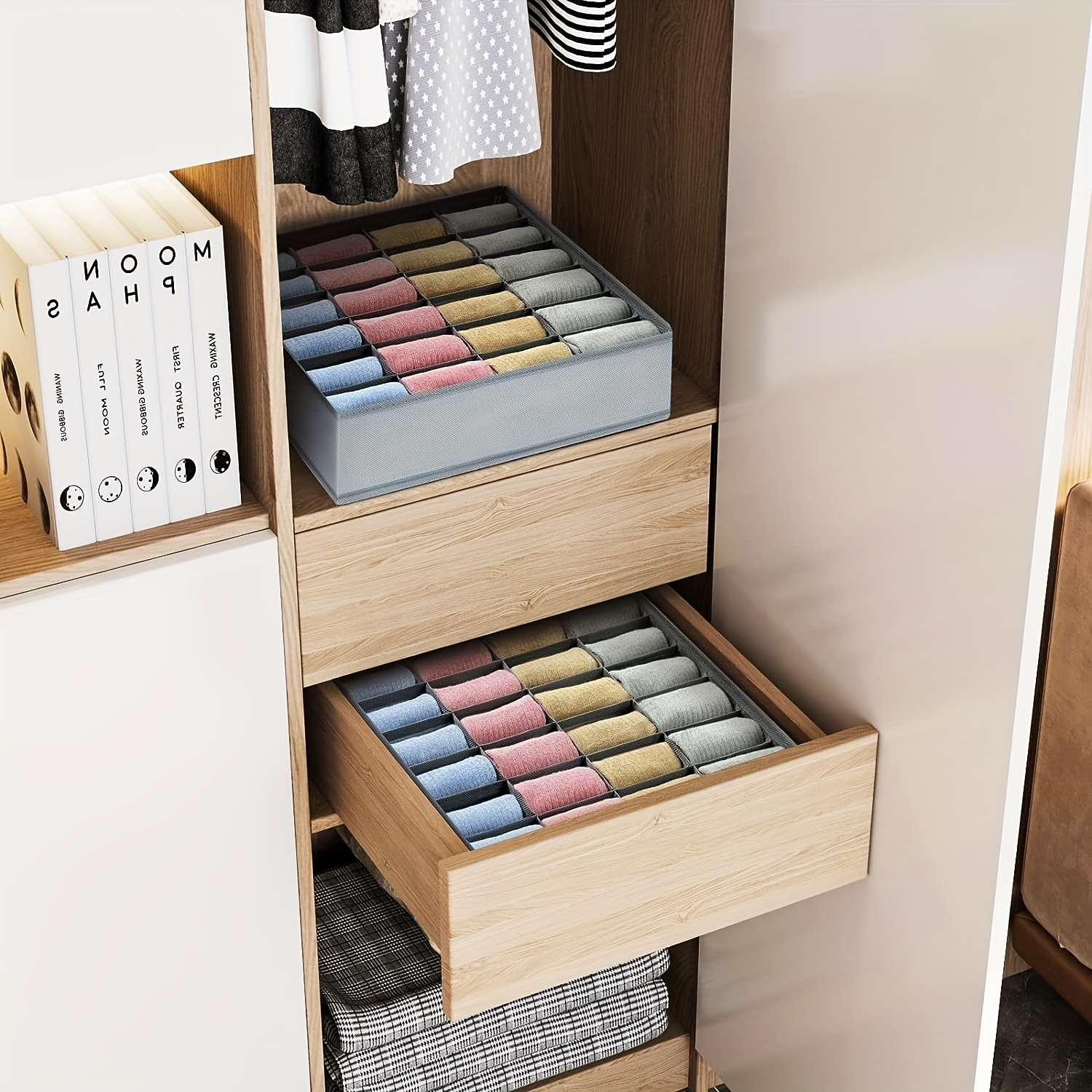 sock and underwear organizer divider fabric foldable closet and wardrobe organizer storage box for socks underwear ties 24 compartments gray autumn decor holiday decor room decor home decor fall decor bedroom decor