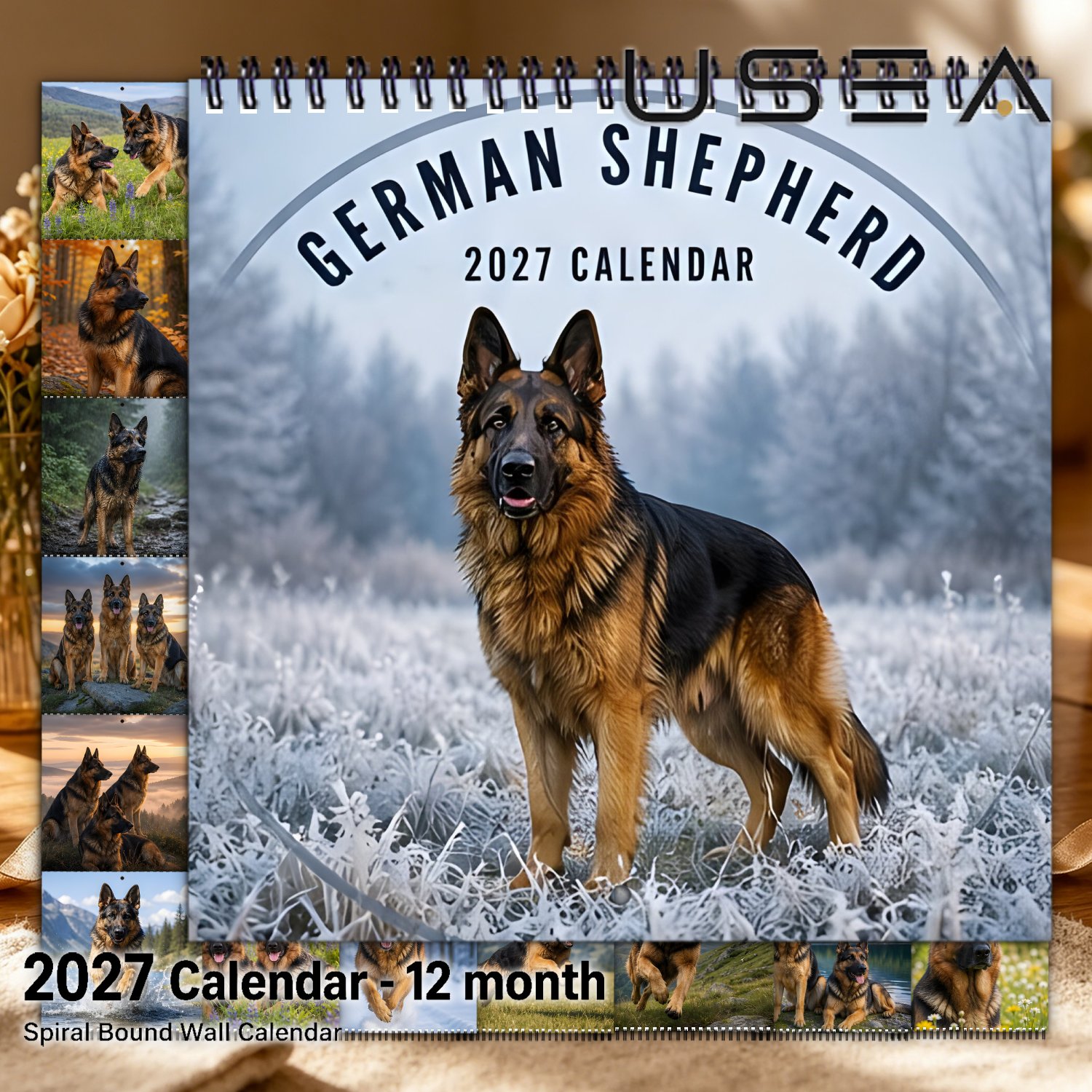 TEMU 2027 Wall Calendar 2027 German Shepherd Hanging Wall Calendar, Twin Wire Spiral Binding, 12 Months Yearly Organizer & Monthly Planner, Square