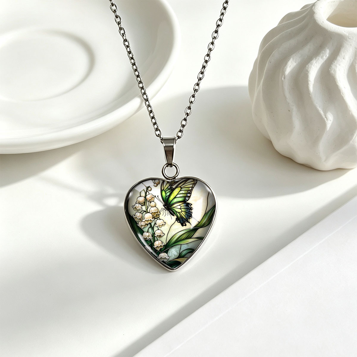 3pc Insect and Flower Pattern Heart-Shaped Necklace Set, Unisex Gift