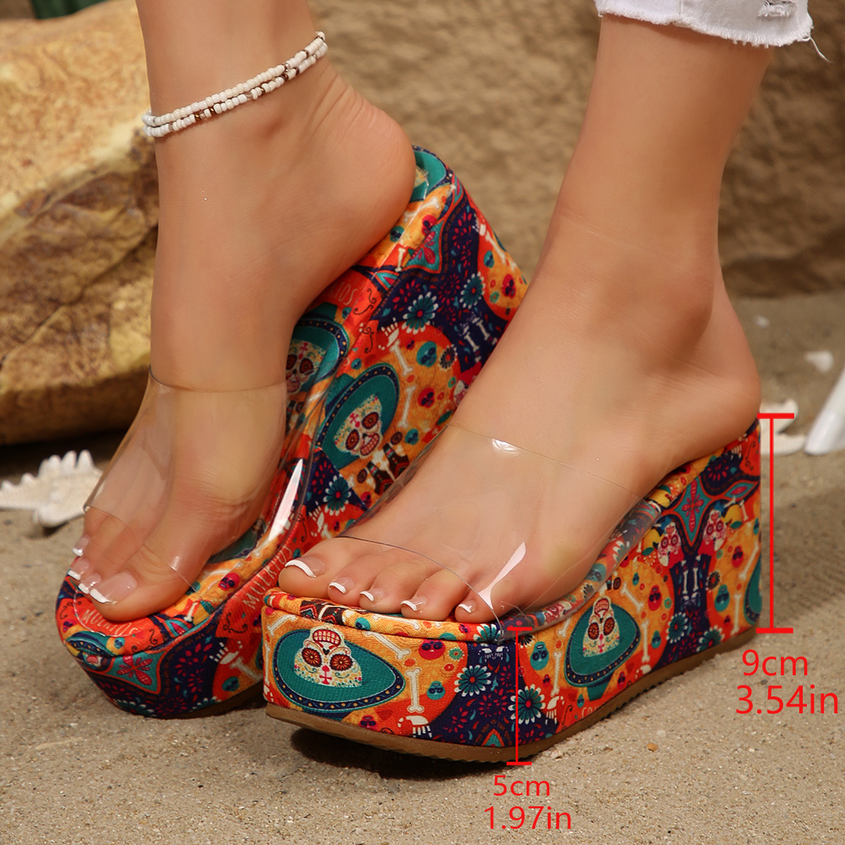 Women's Animal Print Platform Wedge Sandals with Slip-On Design - PU Cover Upper, EVA/Rubber Sole for Beach, Casual & Party Wear - Open-Toe Summer Shoes, Beach Footwear | Clear Glossy Finish, Ladies Sandals