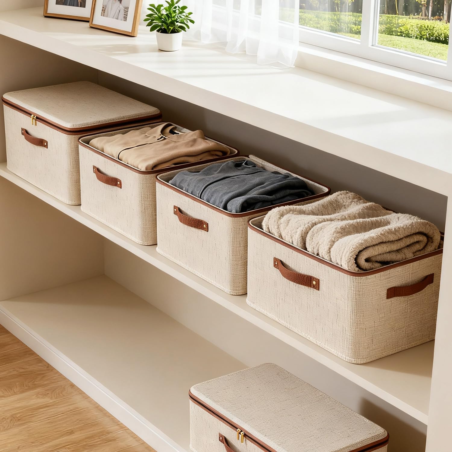 3pcs/Set Minimalist Beige Zipper Storage Box with Lid