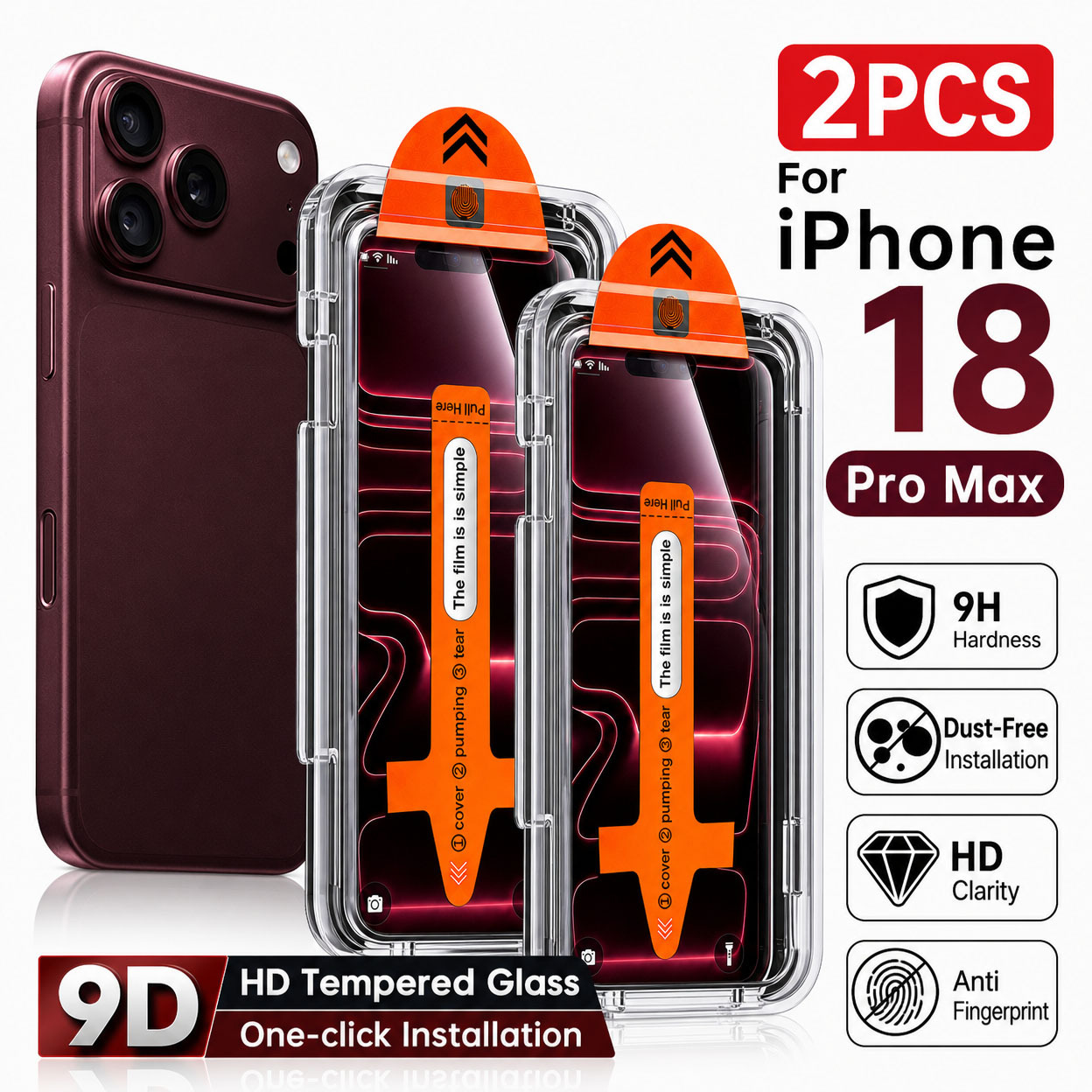 TEMU 2pcs 9d Tempered Glass Screen Protectors, With Dust-free Installation Kit, For Iphone 18 Pro Max/18 Pro, Ultra- Design, Maintaining Original