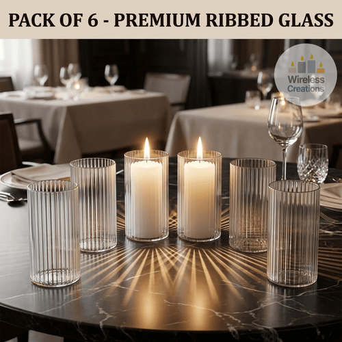 6pcs set of ribbed cylindrical glass candle holders 3 58 inches high and 2 55 inches wide transparent patterned glass vase suitable for floating candles dining tables