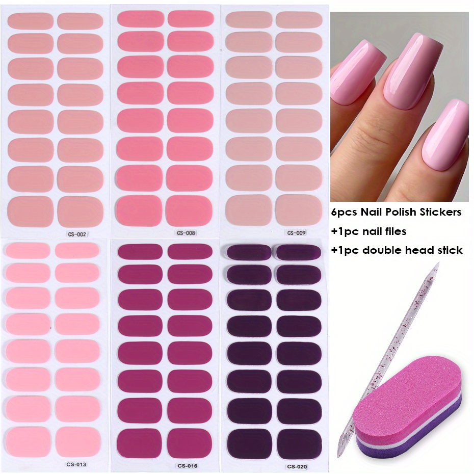 TEMU 6 Sheets Of Pink Solid Color Smooth Nail Polish Stickers 's Day Style With Tool Kit Convenient Manicure Full Stickers