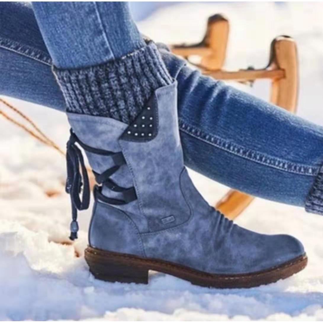 TEMU Fall Winter Chunky Heel Back Lace Vintage Knit Mid Low Boots Big Size Stylish Women's Flats, Women Shoes