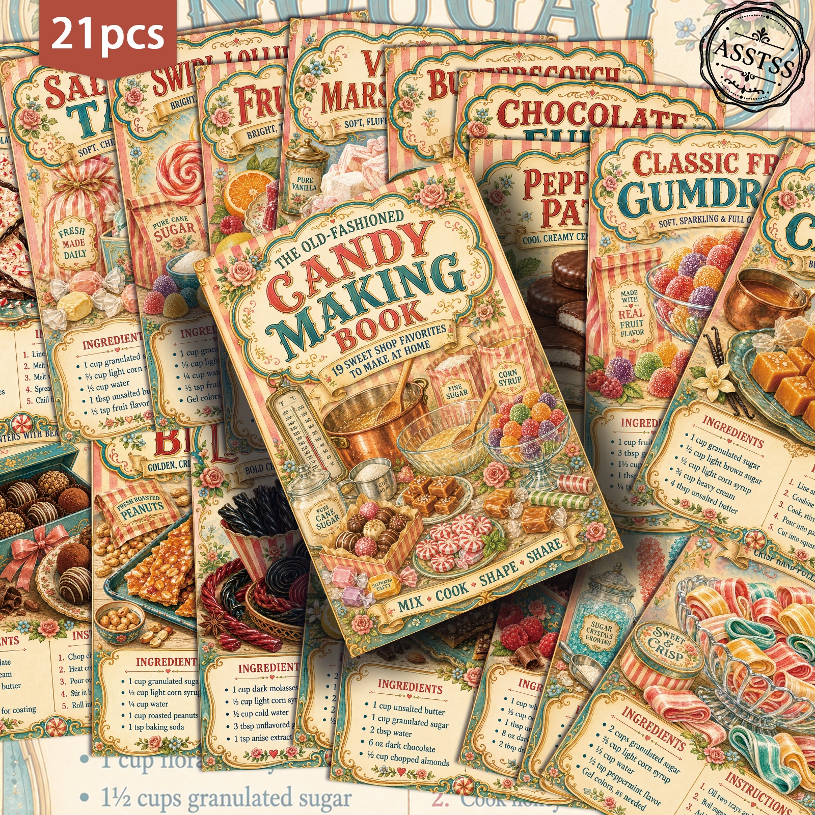 TEMU 21-pack Asstss Vintage Sweet Candy Recipe Postcards - 4x6 Inches Retro Junk Journal Supplies, Classic Pinup Illustrations Collectible Decorative