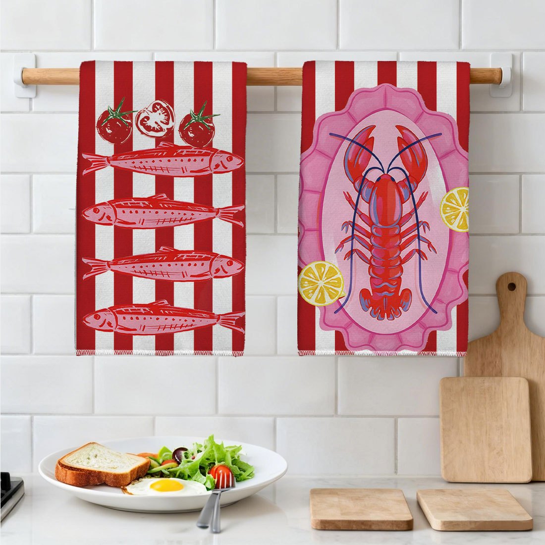 TEMU 2pcs Set Of Sardine Lobster Pattern Kitchen Towels, Red Tomato Sardine Lobster And Red White Vertical , Dishcloth, Scouring Pad, Tea Set