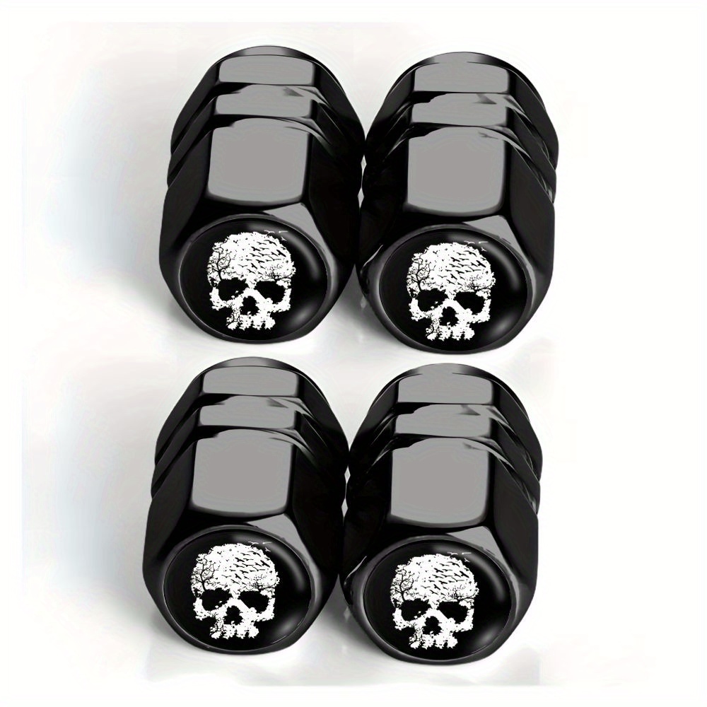 TEMU 4 Black Bird Death Pattern Tire Valve Caps- Suitable For Cars, Trucks, And Motorcycles, Durable Aluminum Alloy Material, Stylish And Practical