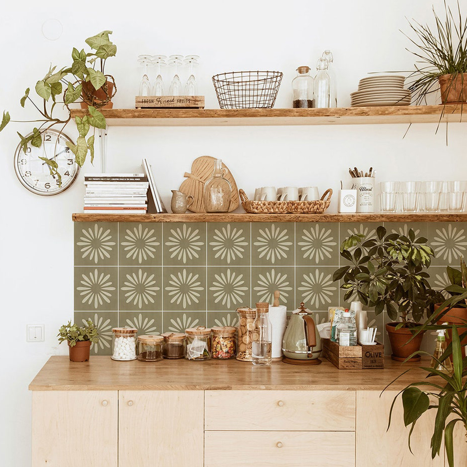 10pcs waterproof oil proof floral tile stickers self   peel and stick wallpaper like decals green and white floral pattern for kitchen bathroom living room 4x4in or 5 9x5 9in     removal ideal for   renovation apartment decor Product details 5