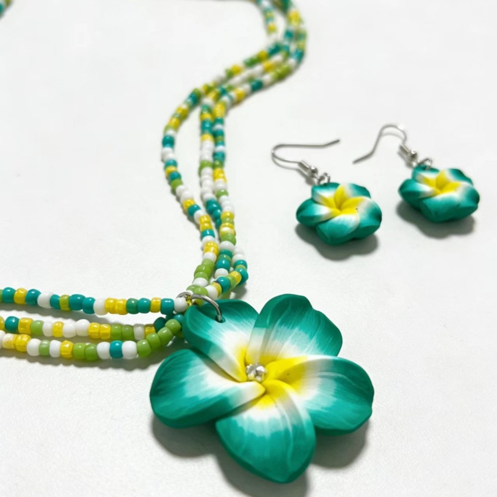 TEMU 1 Necklace + 1 Pair Of Earrings, Women's Bohemian Frangipani Pendant Green Mixed-color Rice Bead Beaded Jewelry Set, For Daily Wear, Vacation,
