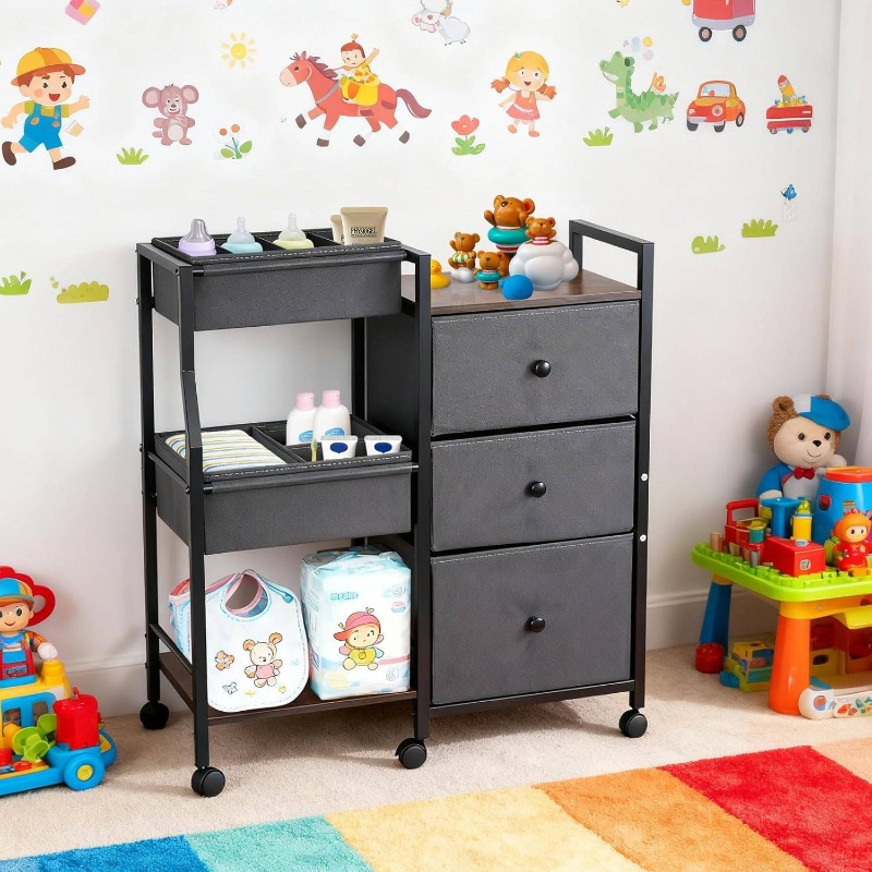 3 Tier Rolling Cart Diaper Caddy Organizer and Storage | with Drawers and Dividers, Essentials Cart for Nursery, Bedroom, Changing Table, Crib