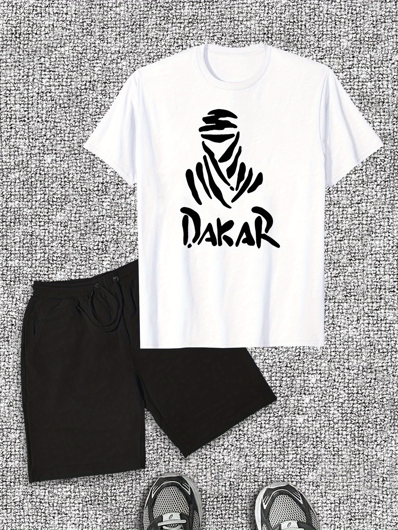 Men'S Casual Summer Shorts and T-Shirt Set, Solid Color, Cotton, Regular Fit, with Graphic Print Tee and Drawstring Shorts, for Casual Attir