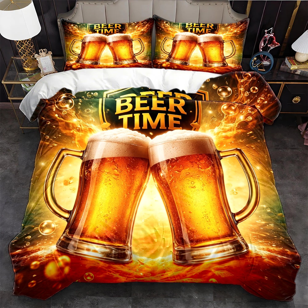 TEMU 3pcs Beer Time Themed Duvet Cover Set, Bedding 3pcs Set (1*duvet Cover   2*pillowcases), Suitable For , Machine Washable, Invisible Zipper