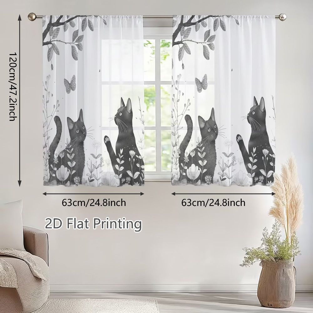 TEMU 2d Flat, 2pcs Spring Summer Small Sheer Curtains, Monochrome Cats And Wildflowers Design, Perfect For Living Rooms, Bedrooms, Dining Rooms,
