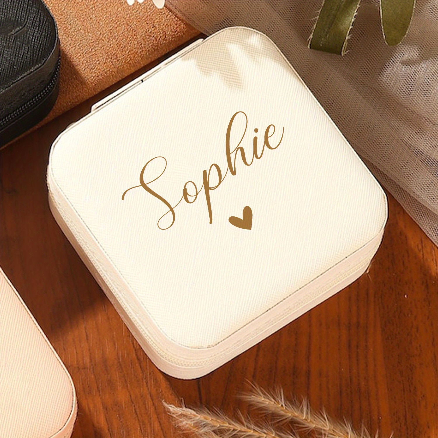 TEMU Personalized Name With Heart Jewelry Box Custom Beige Jewelry Boxes Bridesmaid Jewelry Box Travel Jewelry Case Gift For Her Couple Gift Custom