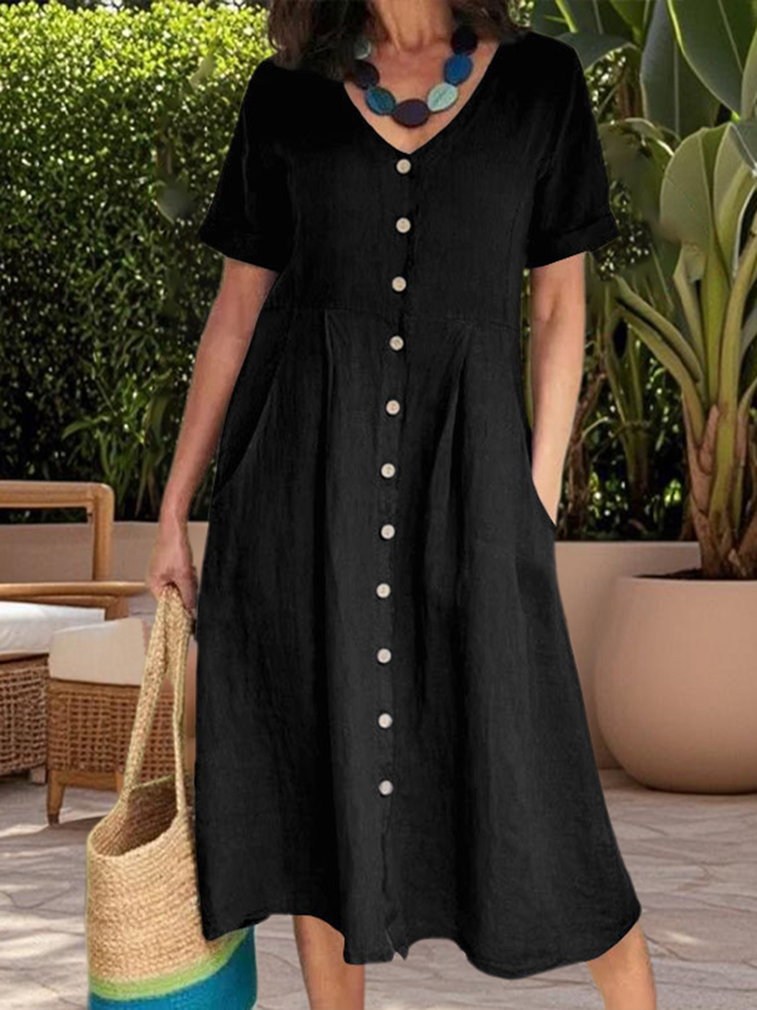 chinese dress ladies Women's Casual Dress Solid V Neck Button Down Linen Dress Short Sleeve Midi  Length Loose Summer Dresses with Pocket Army Green at Amazon Women's  Clothing store