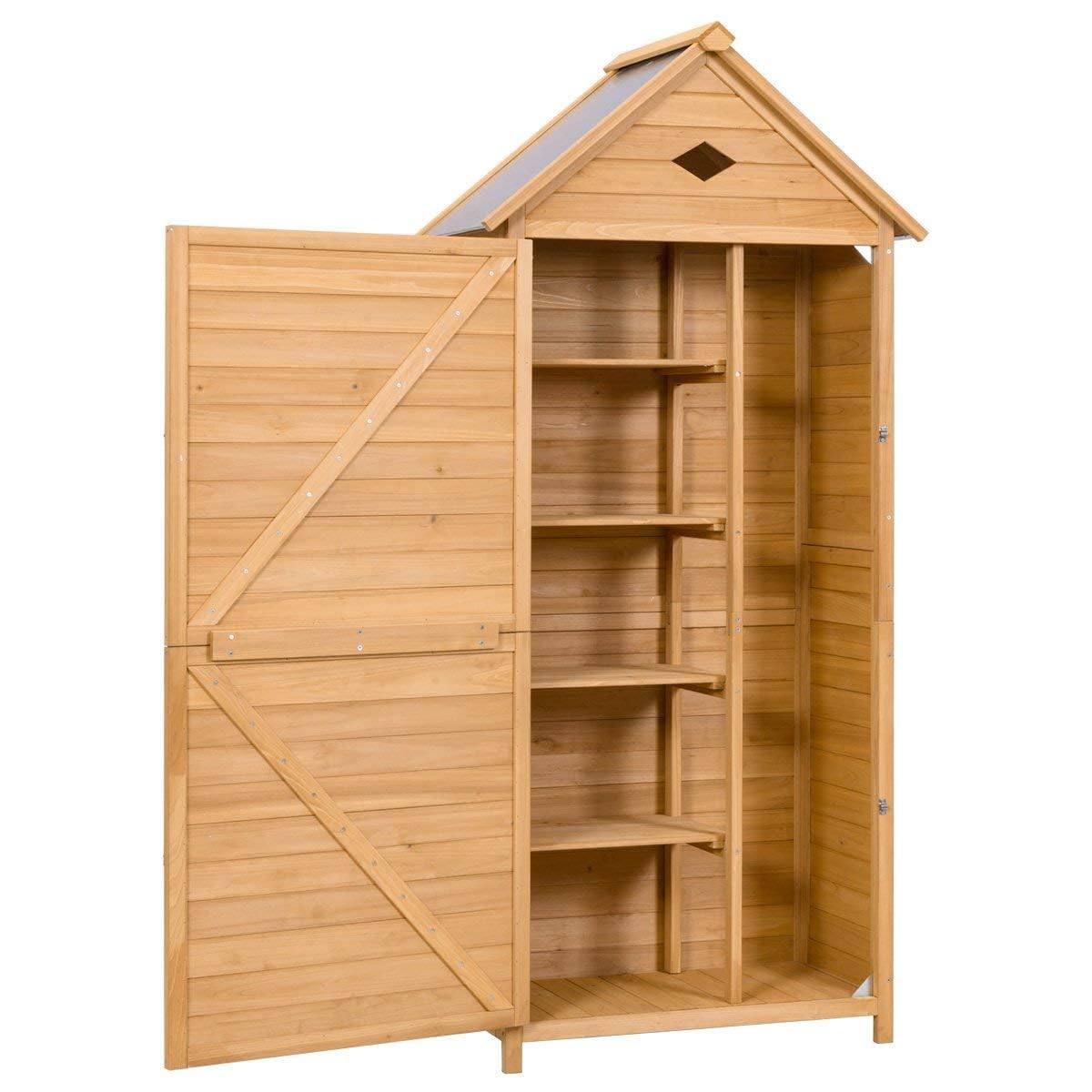 Image of Outdoor Storage Cabinet, Outside Fir Wood Shed With Shelves & Galvanized Sheet Roof, Waterproof Lockable Garden Tool Hutch Organizer For Home Garden Backyard