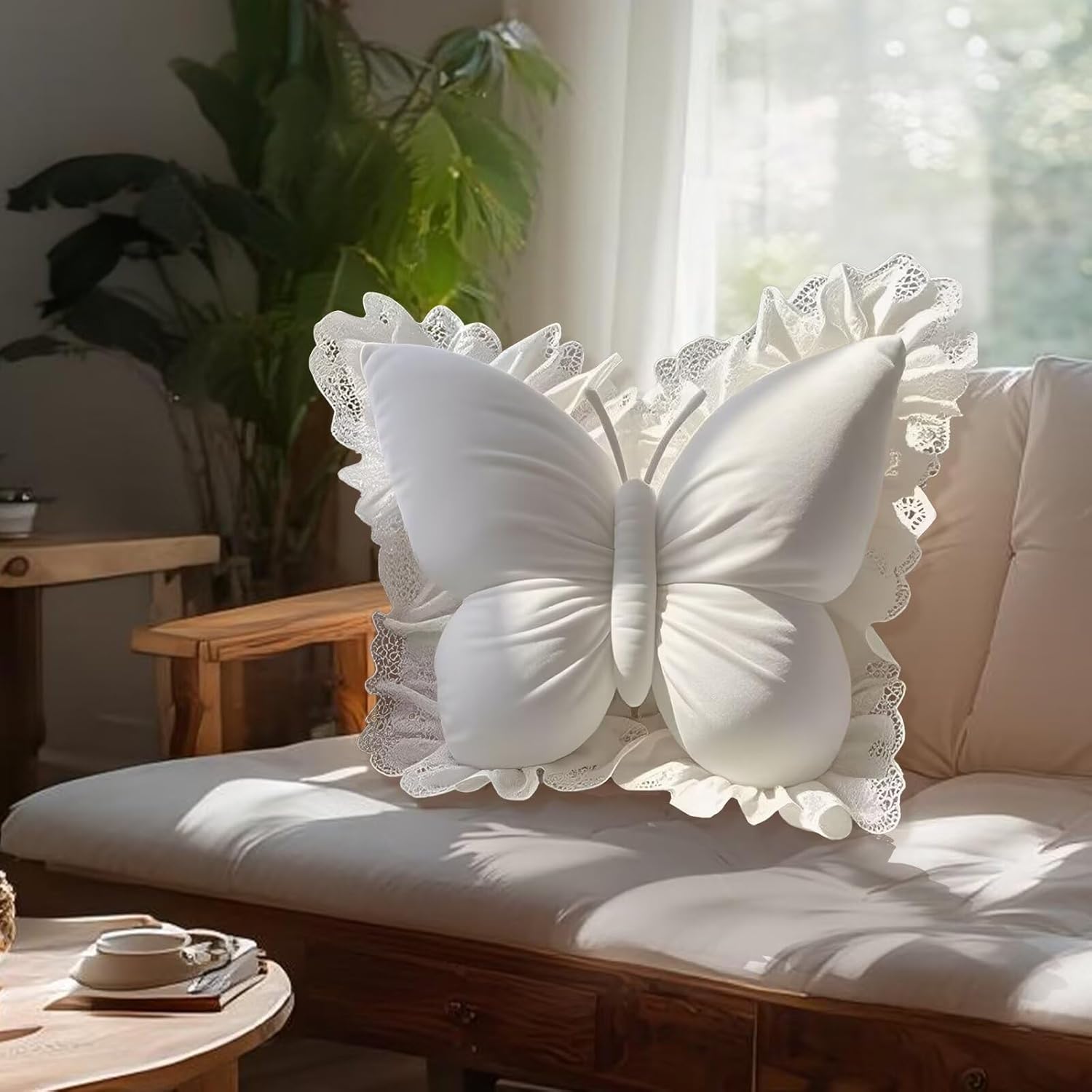 Butterfly-shaped Home Decor Throw Pillow with White Lace Trim, Made of Luxurious Velvet Fabric and Polyester Fiber Filling. Suitable for Beds, Sofas, Carriages, and Office Spaces. Perfect for Living Rooms, Bedrooms, Weddings, Birthdays, and Other