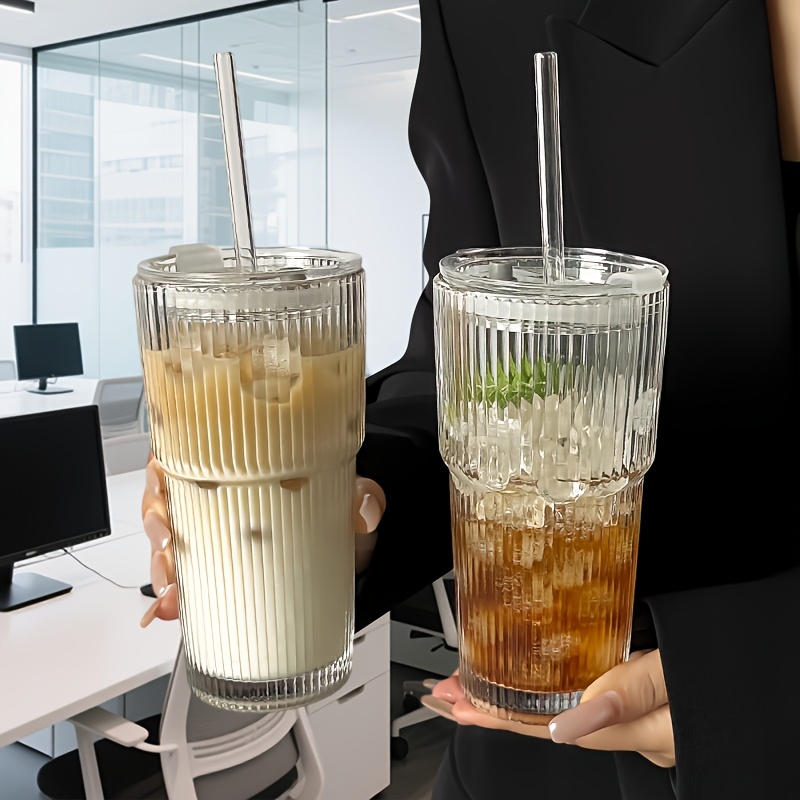 3pc cup lid straw glass water cup coffee cup large capacity glass cup suitable for   office use high   cup