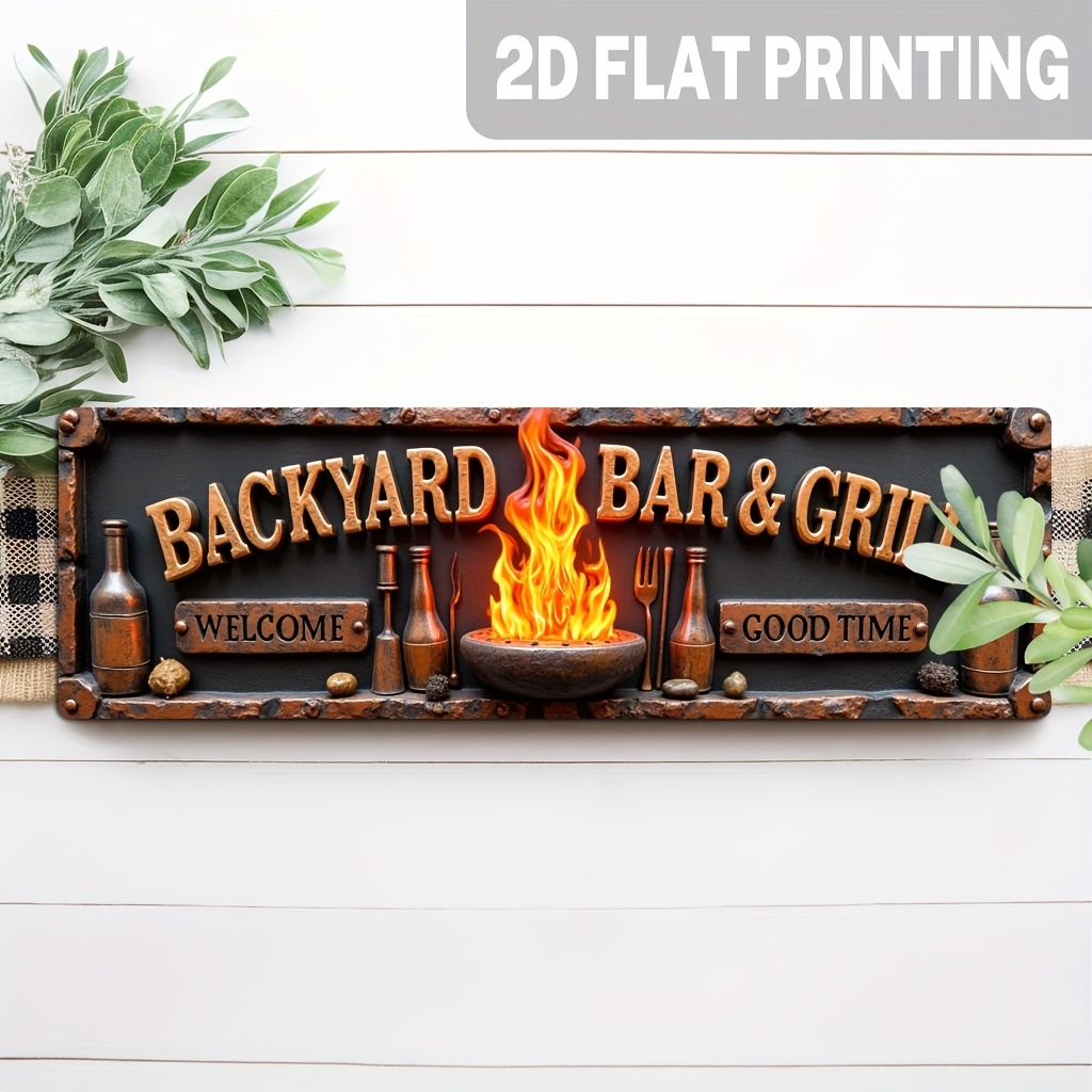 Image of 2d Flat - A Gift Suitable For , 2dflat2d Flat, 1pc Of Vintage And Grill Wooden Wall Sign - Welcome With Flame And Beer , Durable Outdoor/indoor Decoration Suitable For Porch, Kitchen, Patio